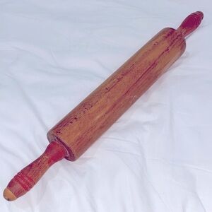 Vintage 17-1/2” Solid Wood Rolling Pin with Original Patina Red Handles